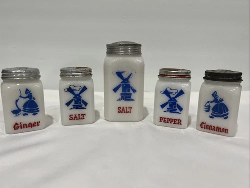Vintage Hazel Atlas Milk Glass Dutch Shaker Lot Of 5 Advertising Label Rare