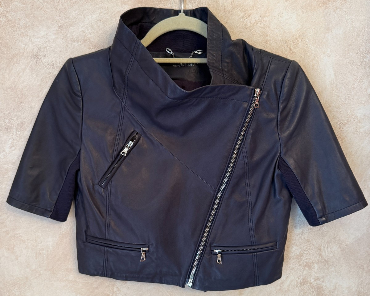 Yigal Azrouel Black Leather Short Sleeve Zipper Cropped Jacket SZ  0
