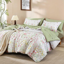 7 Piece Pink Green Floral Comforter Set King Size, Cute Botanical Comforters Lig