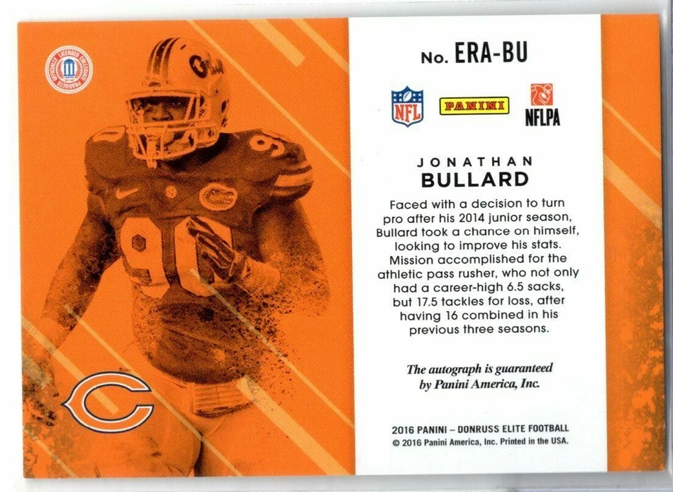 Jonathan Bullard Bears RC Auto Ref 2016 BLUE Panini Elite 64/99 042721ATCD60 - Image 2 of 2