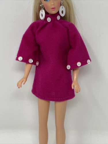 Vintage Barbie Clone Doll Clothes Outfit MAGENTA Mini DRESS with WHITE SEQUINS