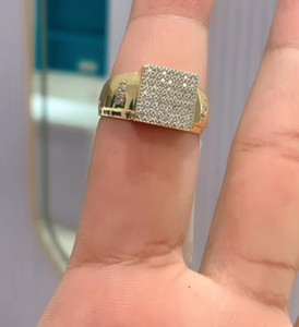 Authentic Natural Diamond Pave Set Square Ring For Boyfriend 14k Yellow Gold Plated Silver