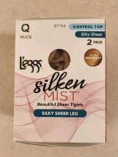 Leggs Silken Mist 2 PAIRS Silky Sheer Leg Tights Q NUDE Control Top 97791