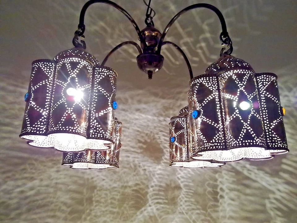 BR44 Unique Jeweled Brass Chandelier – Vintage-Inspired with Hand-Pierced Shades - Image 3 of 4