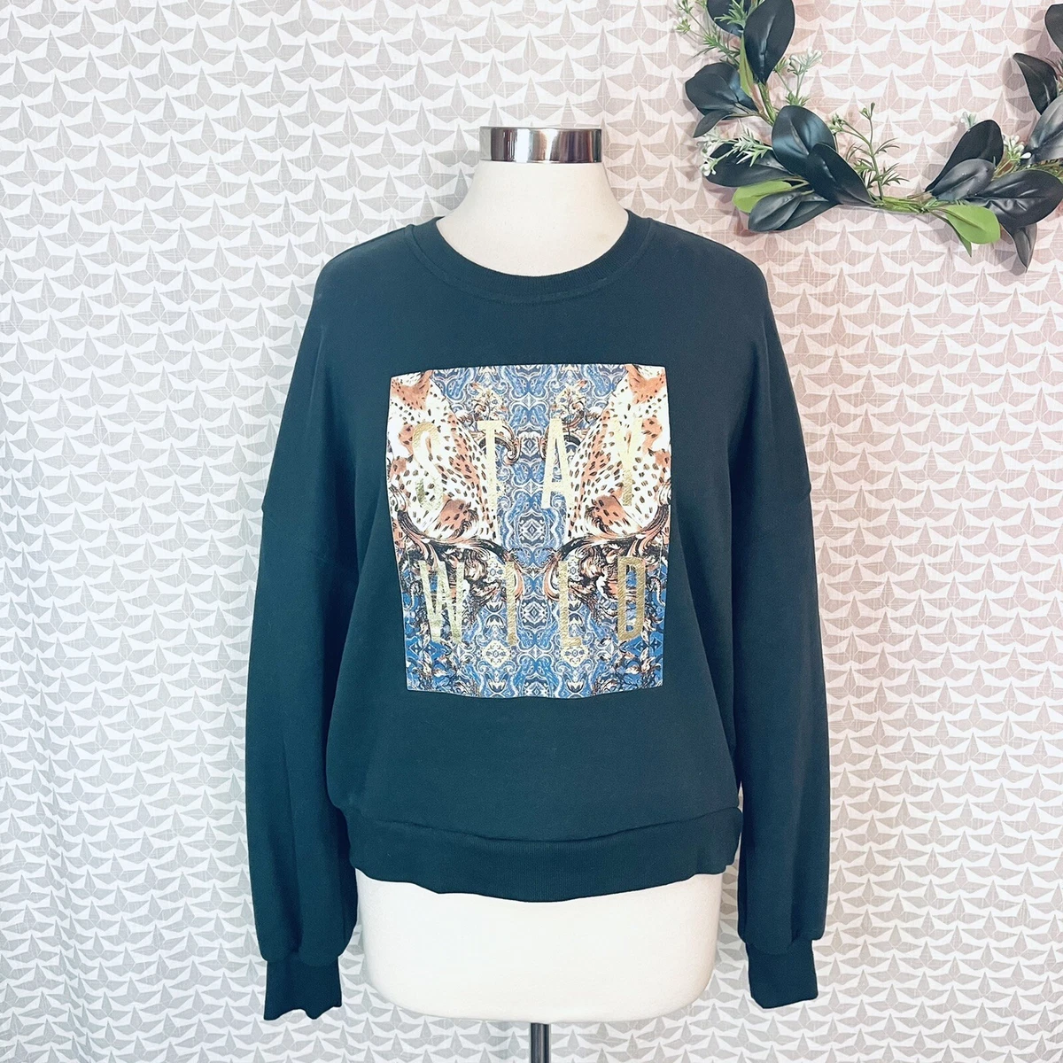 Betsey Johnson Stay Wild Leopard Pullover Crewneck Sweatshirt Green Size Large