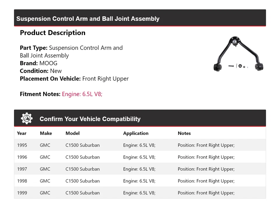Brazo de control delantero derecho superior MOOG 1995-1999 GMC C1500 Suburban 6,5 L Foto 2 de 4