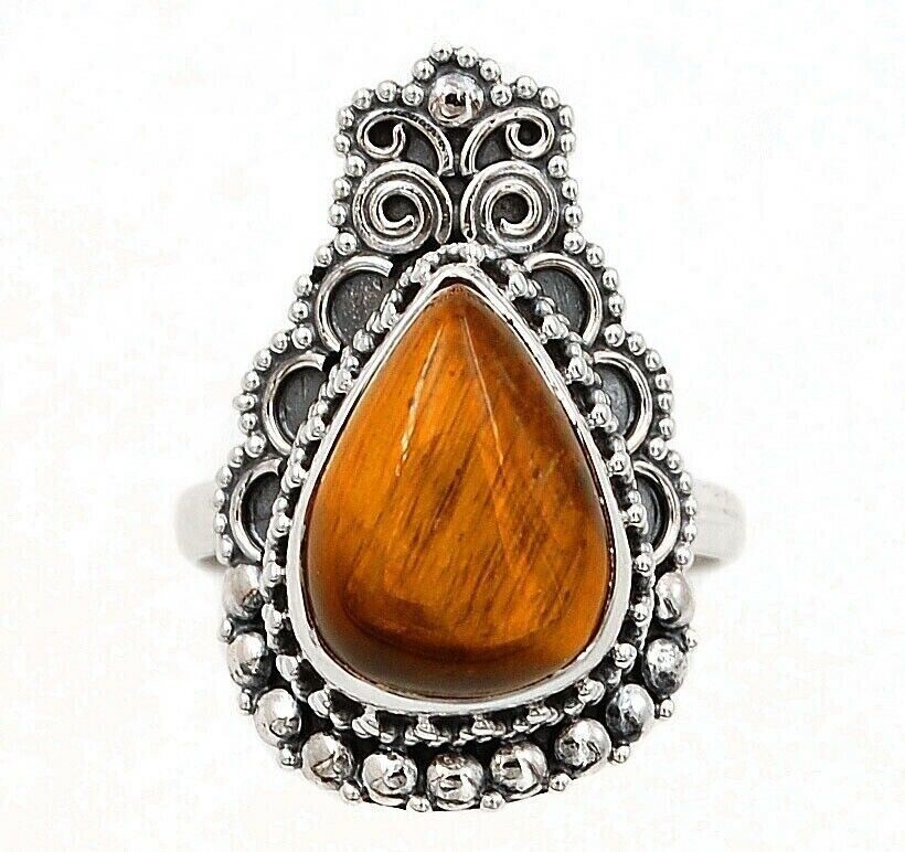 Natural Tiger Eye African 925 Sterling Silver Ring Size 7.5