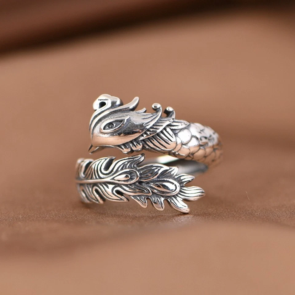 Real Solid 925 Sterling Silver Band Men Women Lucky Phoenix Feather Open Ring - Image 2 of 4