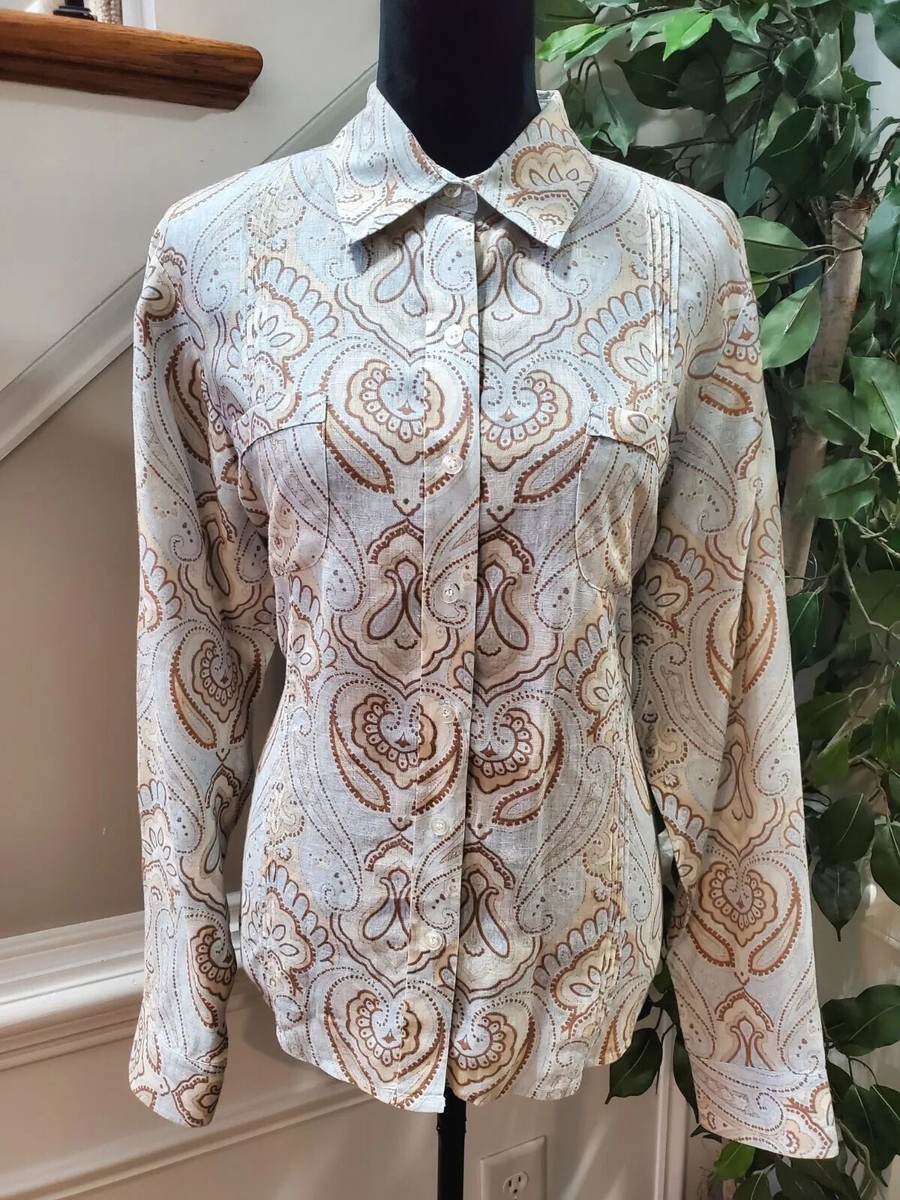 Liz Claiborne White Paisley Polyester Long Sleeve Button