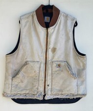 VTG Worn Distressed Thrashed Men's CARHARTT Tan Duck Canvas Quilted Vest XL