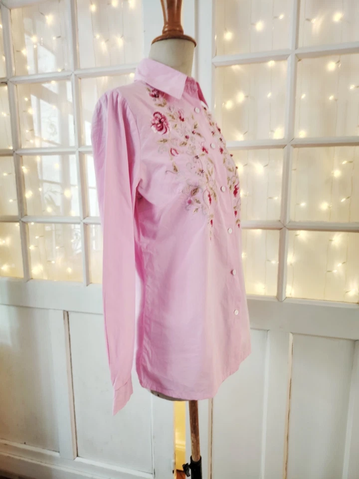 Taille 38 100% coton, superbe chemisier rose brodé fleurs et strass brillant - Photo 4/4
