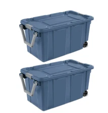 Sterilite 40 Gallon Wheeled Industrial Tote Plastic Storage Bin, Blue, Set of 2