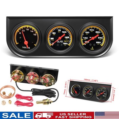 3 in 1 52mm 2'' BLACK Car Triple Gauge Set Kit Water Temp Oil Pressure Volt Meter