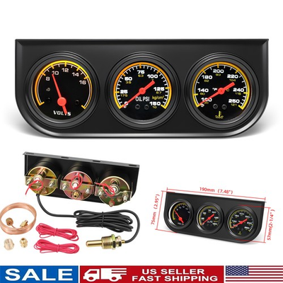 #ad 3 in 1 52mm 2quot; BLACK Car Triple Gauge Set Kit Water Temp Oil Pressure Volt Meter $35.89