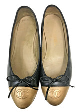 CHANEL PRE-LOVED CC Gold Cap-Toe Black Ballerinas Flat Shoes Size 37.5