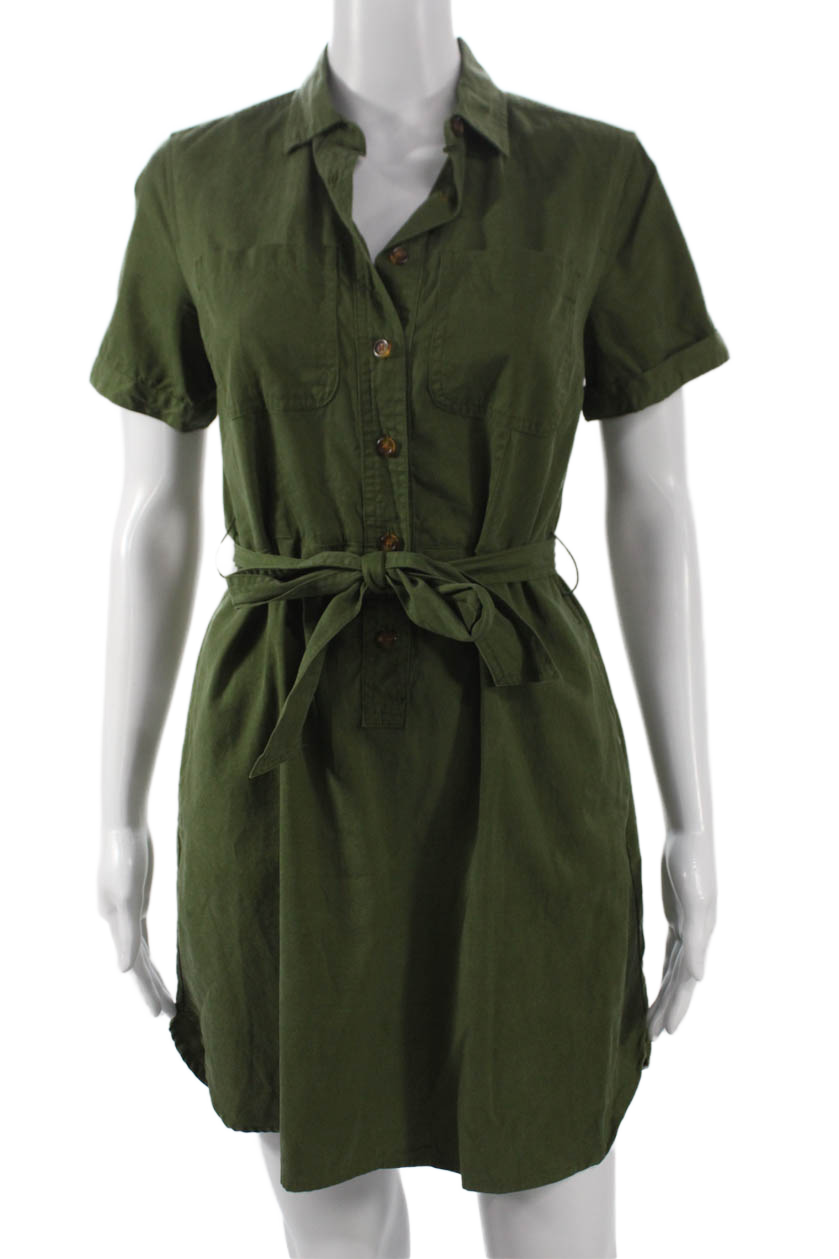 J Crew Women Shirt Dress Green Collared Button Short Sleeve Utility Size 2
