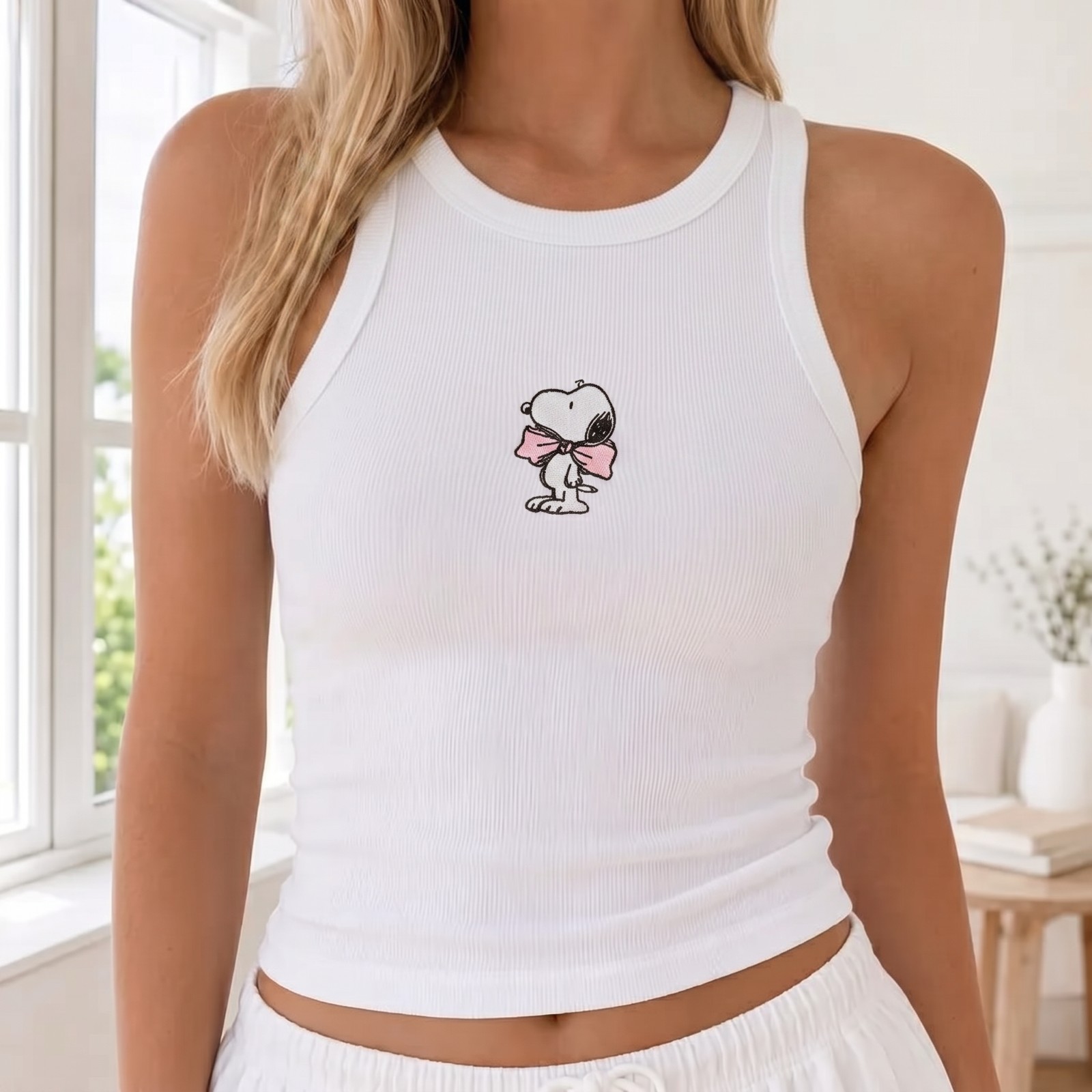 Cartoon Beagle Embroidered Tank Top Dog Ribbon Bow Graphic