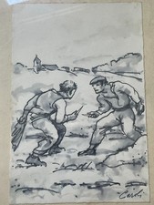 Carlo Caroli Premio Marzotto duello al coltello firmato anni cinquanta gouache
