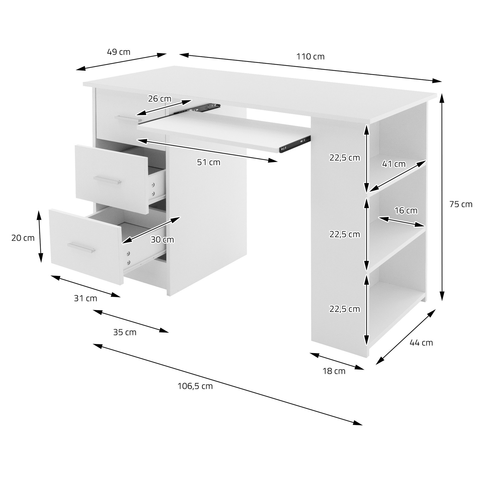 Scrivania bianca con 3 cassetti supporto per tastiera tavolo lavoro 110x49x75 cm foto 4