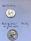 Silver Quarters Washington US 1964 D and I964 Philly No Mint Mark 90% 2 Coins