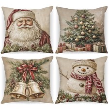 18x18 Christmas Throw Pillow Covers Set of 4, Santa Tree Snowman Christmas Pi...