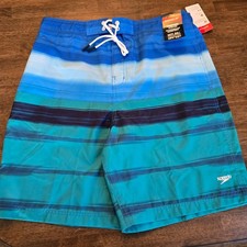 Speedo Mens XL Blue Teal Striped Board Shorts Swim Trunks UPF 50  NEW
