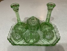 Art Deco Uranium Green Glass Vanity Set | Complete 5-Piece Dressing Table