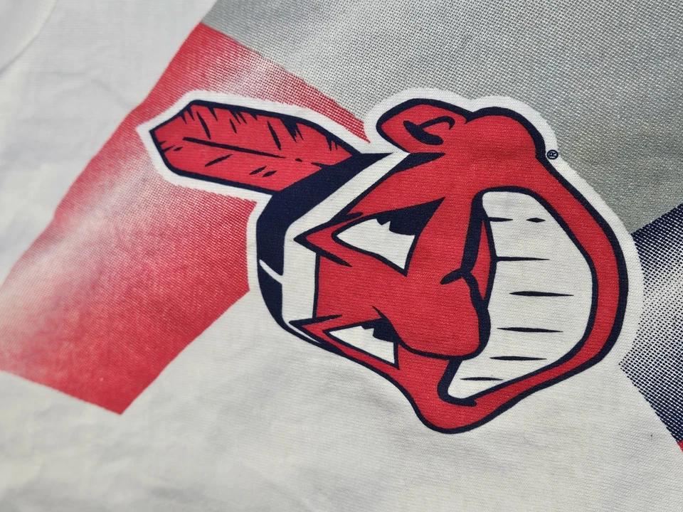 Vintage 90s The Game Cleveland Indians Chief Wahoo Big Logo All Over Print Shirt - Image 4 of 4