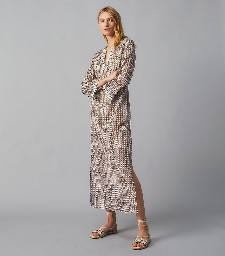 tory burch maxi dress Tunic Caftan Overall Gauze Cotton Embellished Shell RARE S Hem falls below the knee Tory Burch Women's Printed Silk