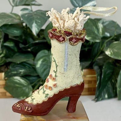Vintage Victorian Boot Shoe Hanging Christmas Ornament Red Floral Cream Lace 3''