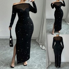Plus Size Women Sequin Mesh Sheer Bodycon Long Sleeve Sexy Slit Party Maxi Dress