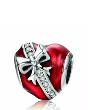 925 Sterling Silver Beaded Charm Heart Ribbon Bow  For Neckacles / Bracelets CZ