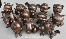 Chinese Pure Bronze Zodiac Year Animal Dragon Cow Tiger Rooster Horse Sheep Set