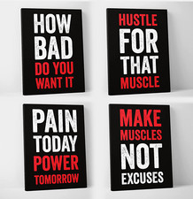 Gym Quote Canvas - Set of 4 - Motivational - Red 12 X 18 Inches 