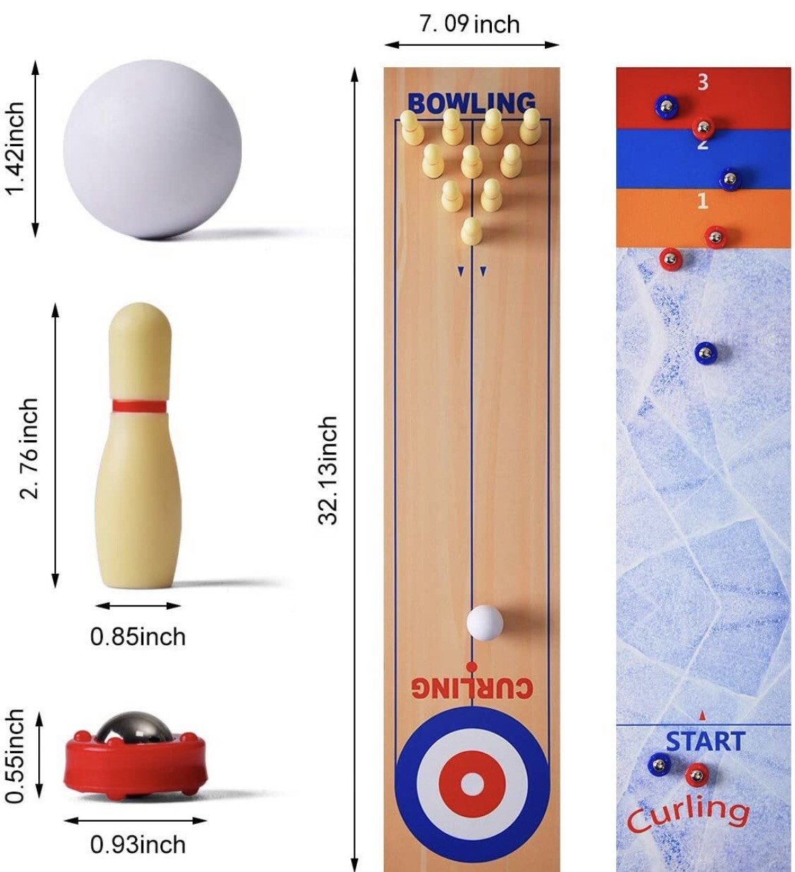 3 in 1 Table Top Shuffleboard,Bowling Ball & Curling Games Mat Pucks