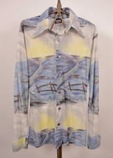 Men's VTG 70s Yellow  Blue Landscape Theme Polyester Shirt Sz S 1970s Disco