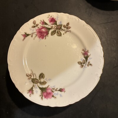 VTG ''Royal Rose'' Bread Luncheon Plates Fine China Moss Rose Gold Trim 6-1/4 