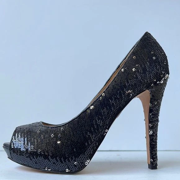 black sequin peep toe heels