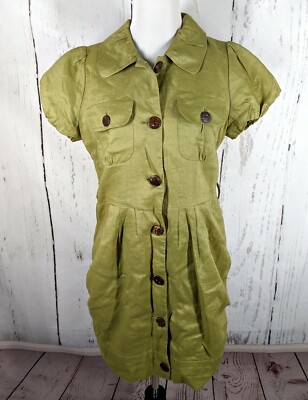Womens FOREVER 21 Short Sleeve Shirt Dress Button Front M Green | eBay