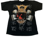 Black PRO LOGO men's T-shirt size 1XL with gold helmet, red-eyed skull, katana, and Japanese text.