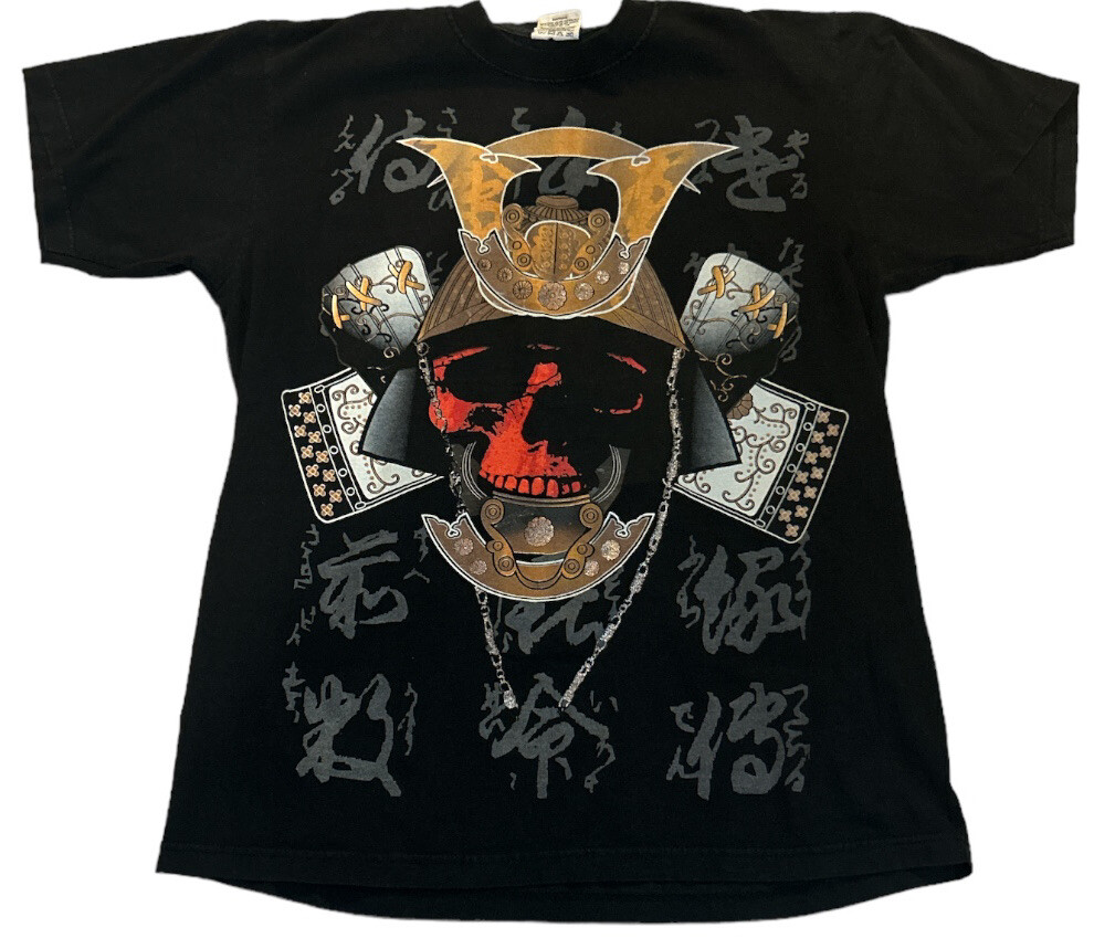 Black PRO LOGO men's T-shirt size 1XL with gold helmet, red-eyed skull, katana, and Japanese text.