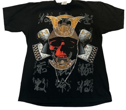 Black PRO LOGO men's T-shirt size 1XL with gold helmet, red-eyed skull, katana, and Japanese text.