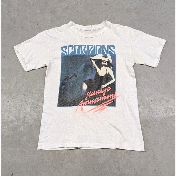 T-shirt Vintage Scorpions Savage Amusement Tour 1988/89 - Taille M, Blanc, Coton