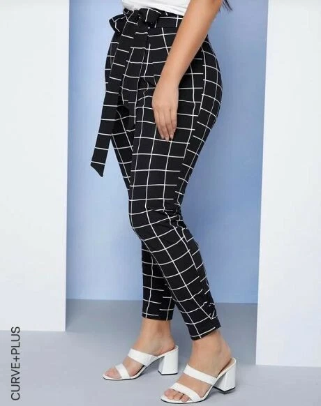Shein Curve Belted Grid Skinny Pants Black White Size 2X