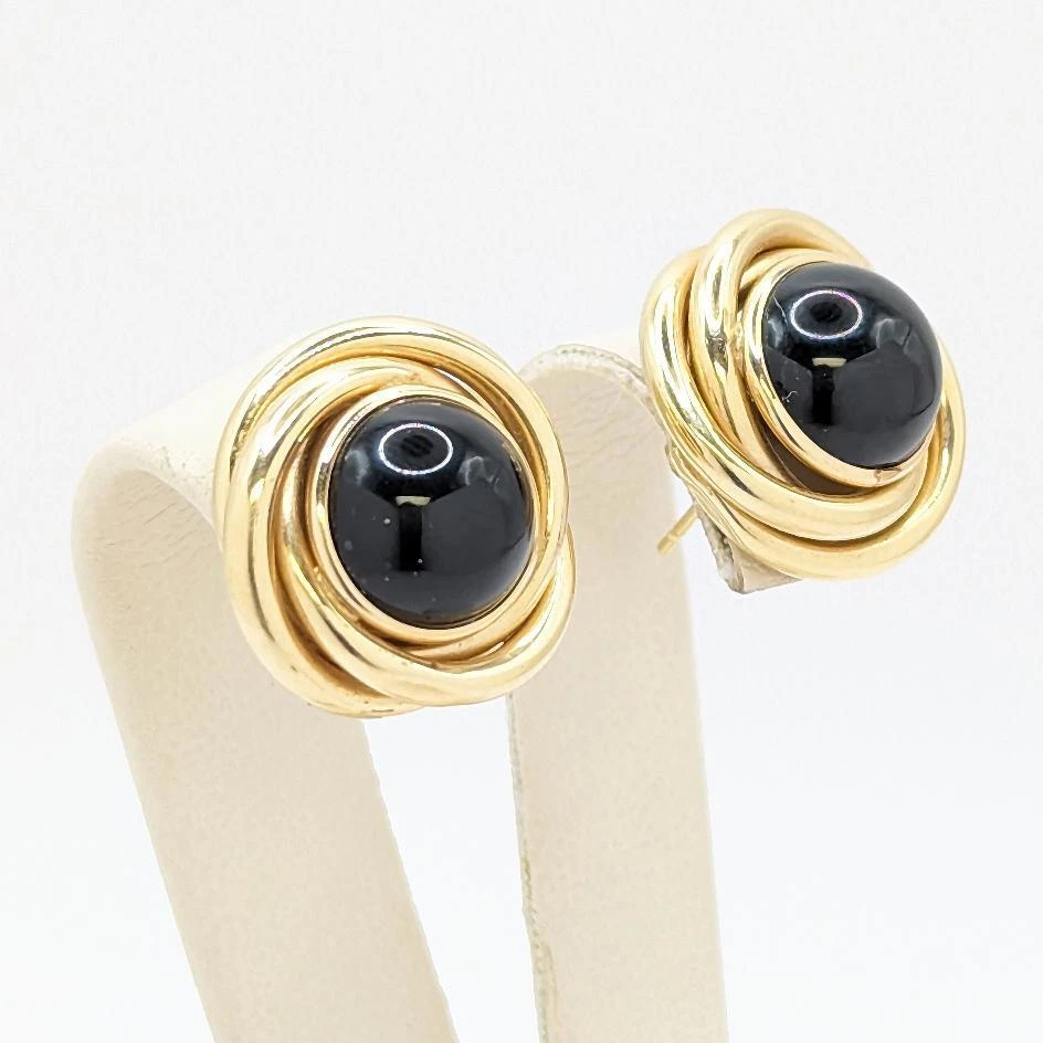 14K желтое золото 4.4g тройной кольцо безель кабошон оникс платье официальный серьги-гвоздики - Изображение 4 из 4