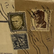Vintage Box With Lincoln 4 Cent Stamp, JFK 13 Cent Stamp, George Marshall Stamp