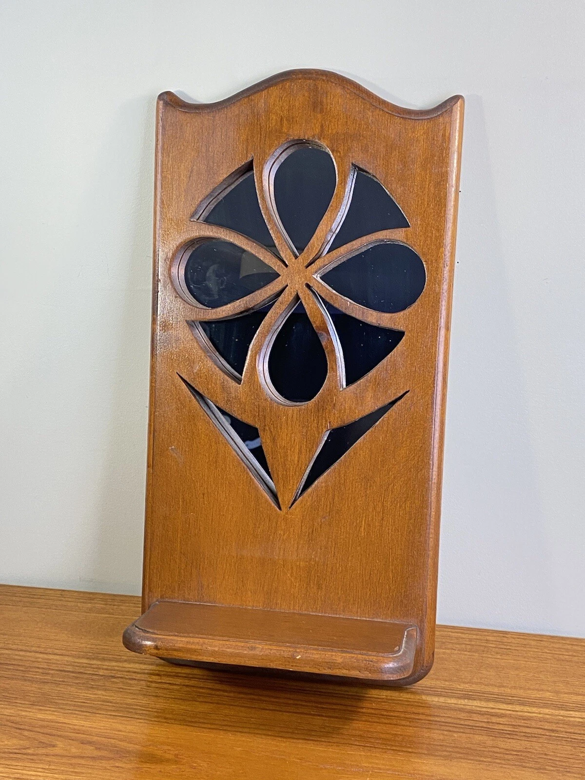 Vintage Entryway Wall Hanging Wooden Shelf Flower Mirror Made In 1978, 22”x11”