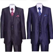 Men's 2 Button Solid Wool Feel Sharkskin Slim Fit Suits With Vest  Pants 5702V5