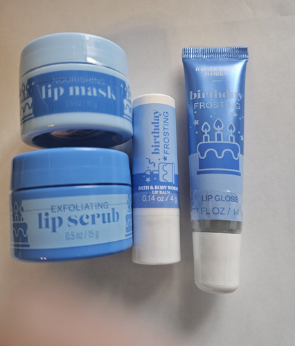 4pc Bath & Body Works BIRTHDAY FROSTING Lip Scrub Mask Gloss & Balm (NEW&Sealed)