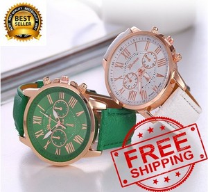 new fashion geneva women leather band stainless steel quartz analog wrist watch